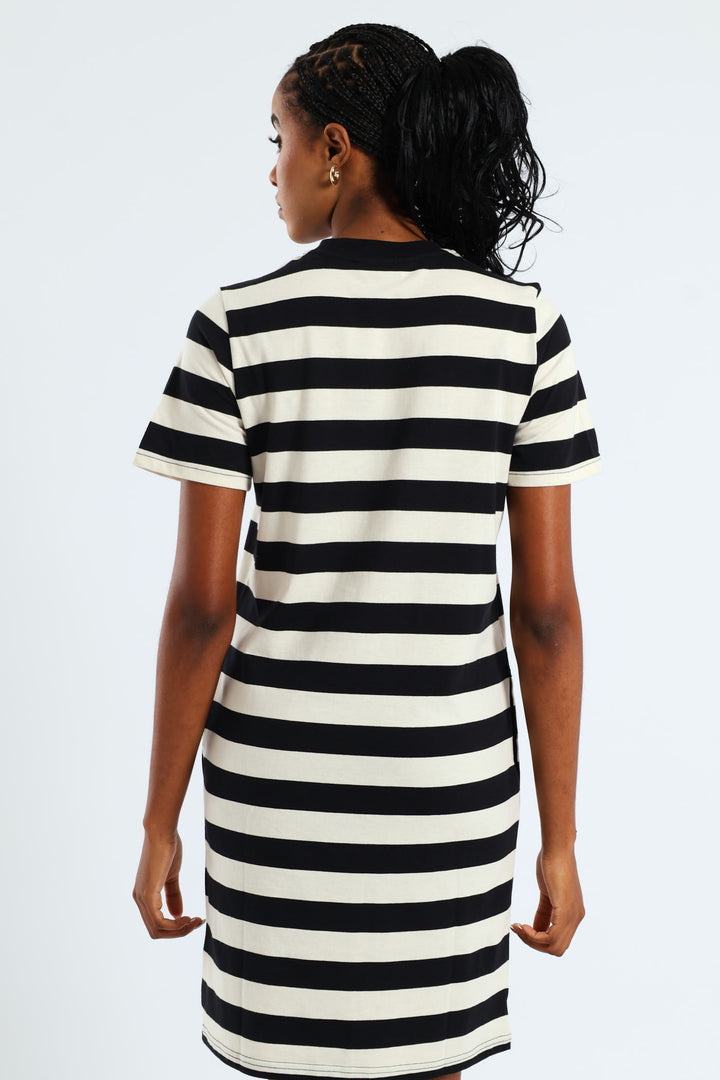 Crew Neck Stripe T-Shirt Pocket Dress - Black/Beige