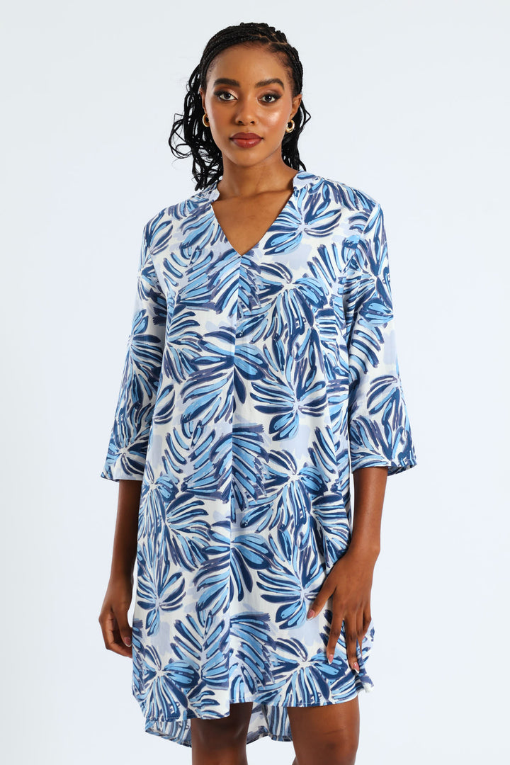 3/4 Sleeve Mandarin Collar Pleat Front Printed Shift Dress - White/Blue
