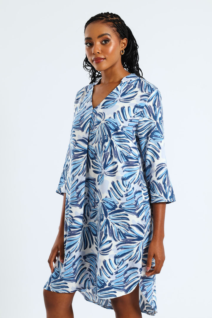3/4 Sleeve Mandarin Collar Pleat Front Printed Shift Dress - White/Blue