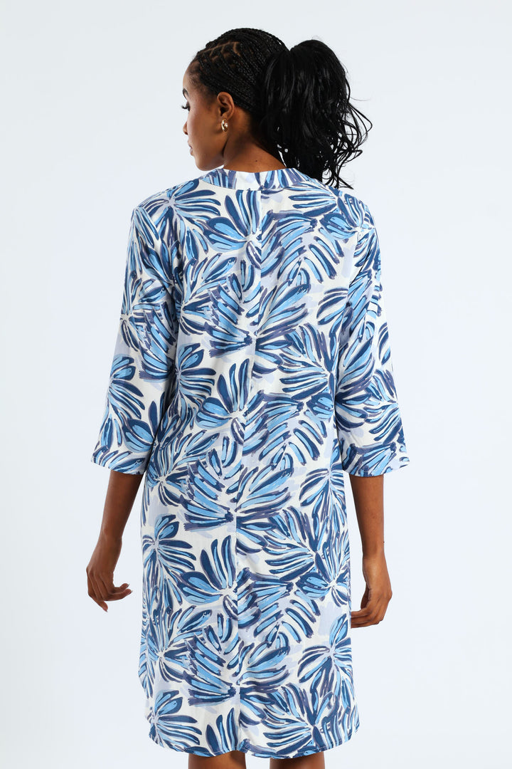 3/4 Sleeve Mandarin Collar Pleat Front Printed Shift Dress - White/Blue