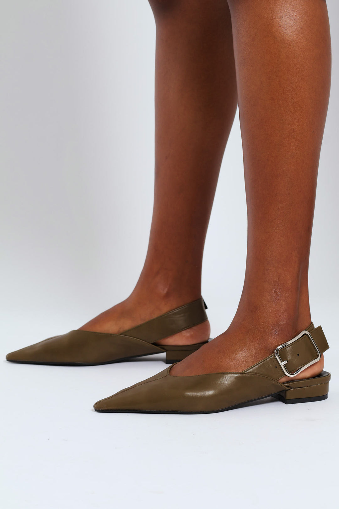 Pointy V-Cut Buckled Strap Slingback Mule - Khaki