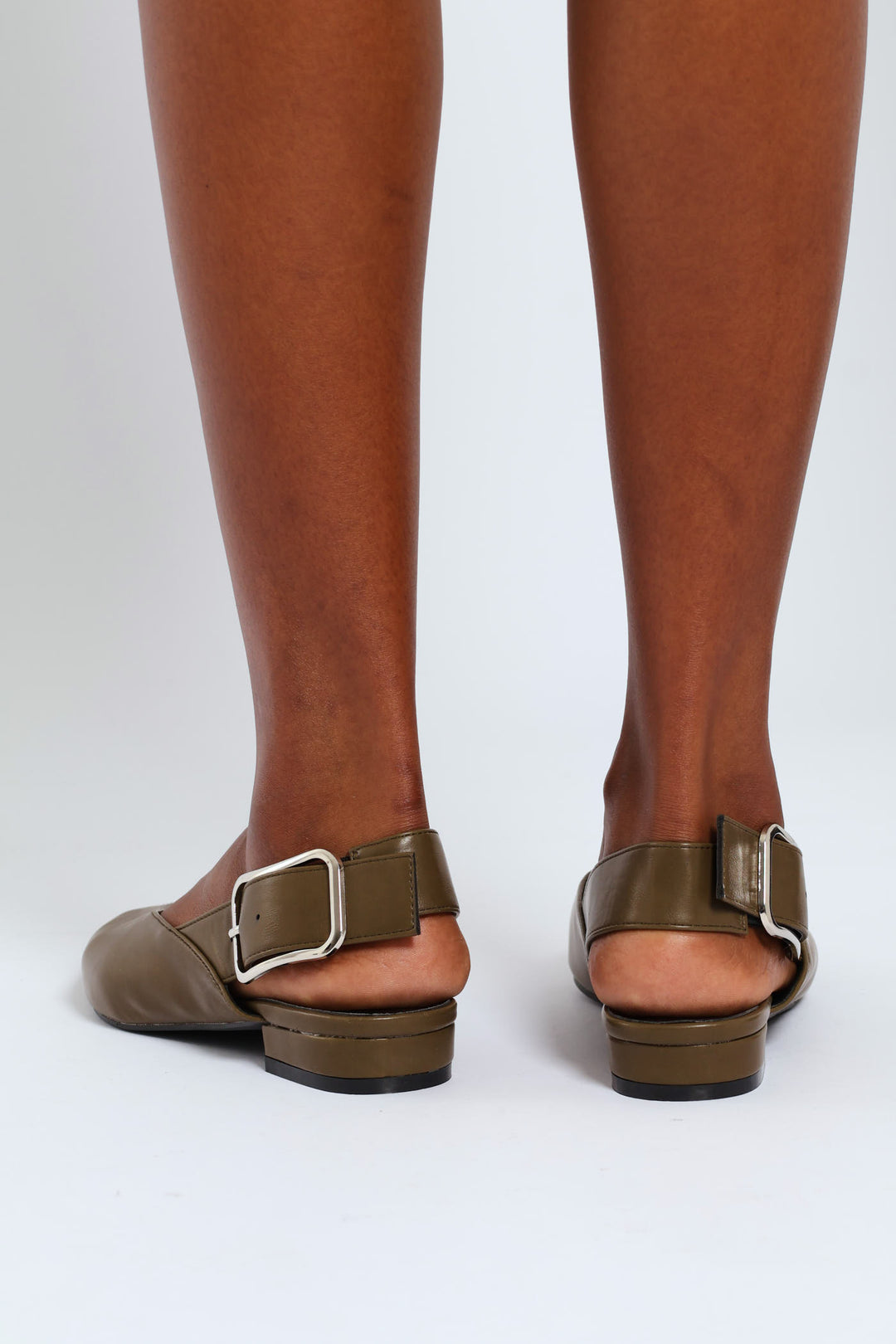 Pointy V-Cut Buckled Strap Slingback Mule - Khaki