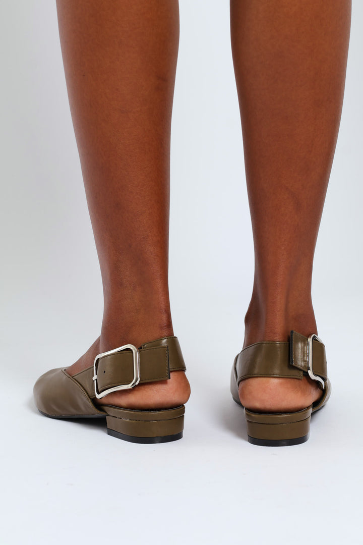 Pointy V-Cut Buckled Strap Slingback Mule - Khaki