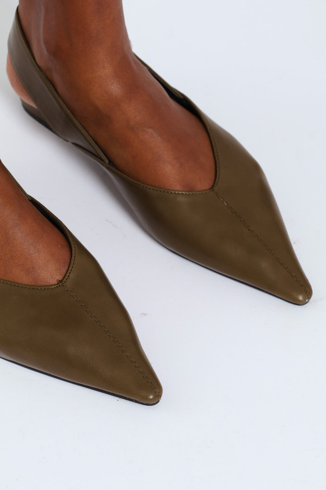 Pointy V-Cut Buckled Strap Slingback Mule - Khaki