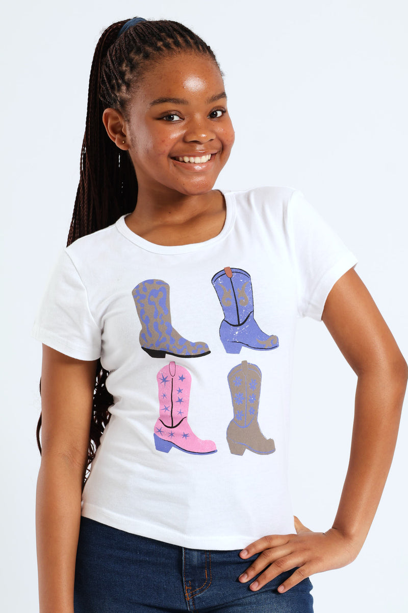 Girls Cowgirl Boots Tee - White