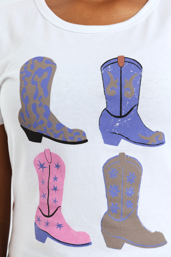 Girls Cowgirl Boots Tee - White