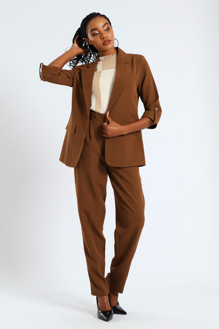 Turn Up Tab Notch Collar Blazer - Brown