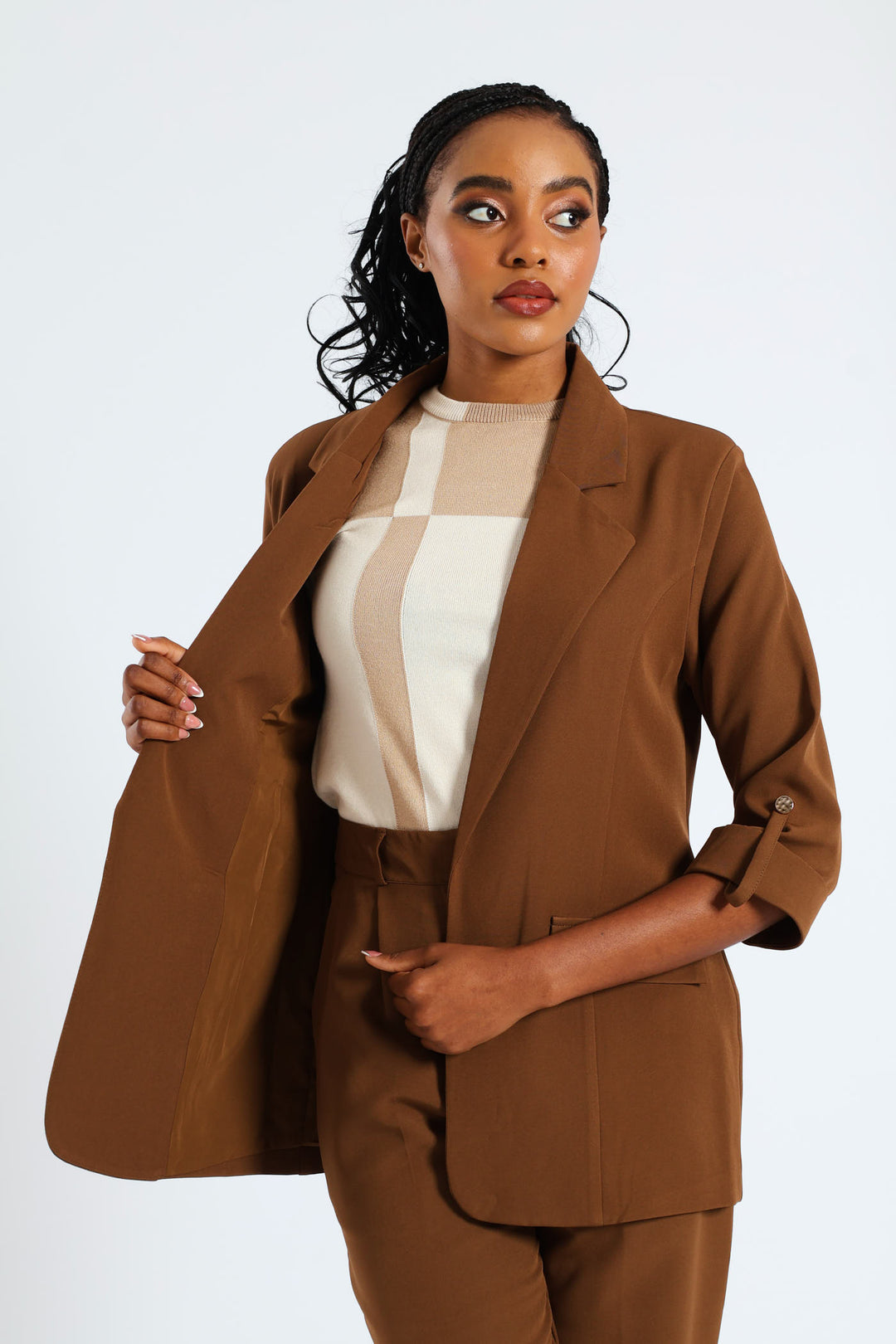 Turn Up Tab Notch Collar Blazer - Brown