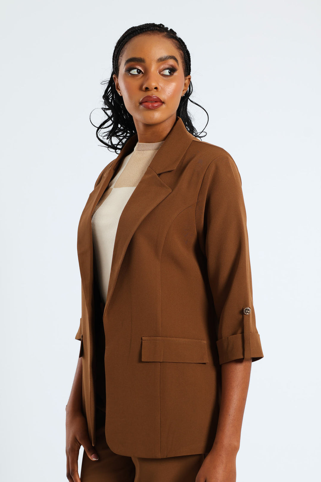 Turn Up Tab Notch Collar Blazer - Brown