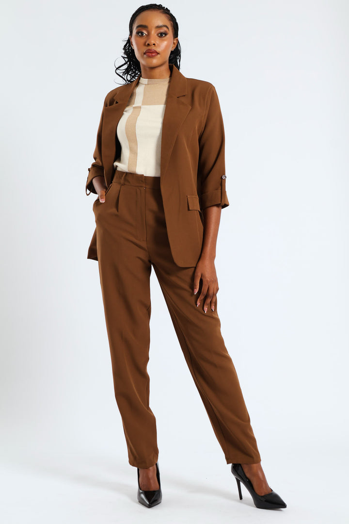 Concealed Button Barrel Leg Pants - Brown