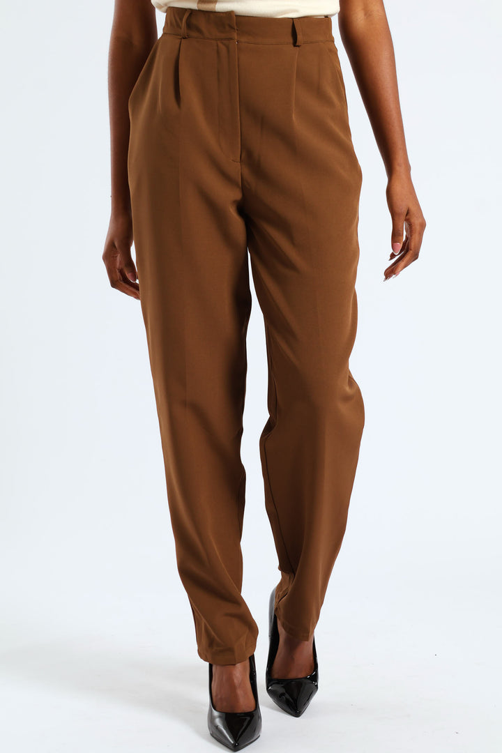 Concealed Button Barrel Leg Pants - Brown