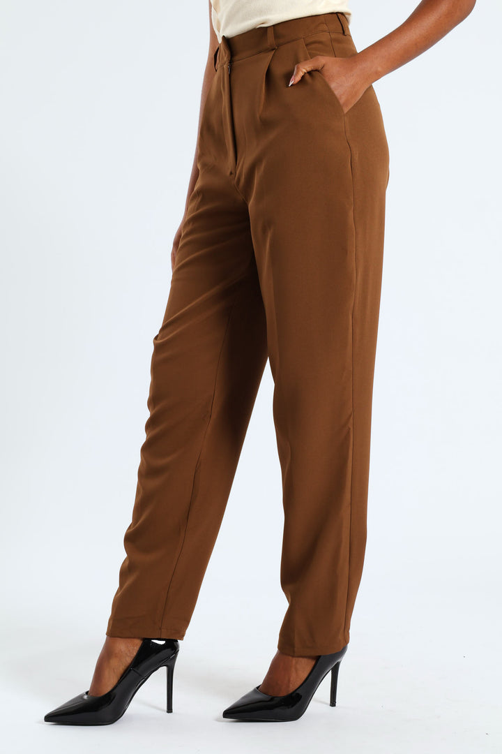 Concealed Button Barrel Leg Pants - Brown