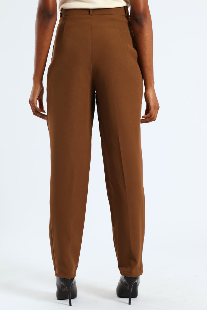 Concealed Button Barrel Leg Pants - Brown