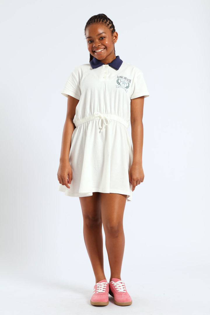 Girls Contrast Collar Combo Dress - Cream