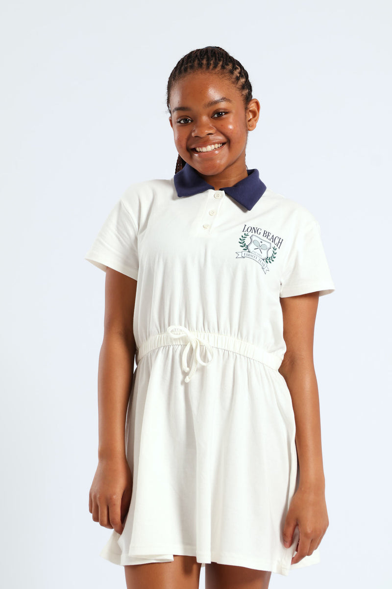 Girls Contrast Collar Combo Dress - Cream