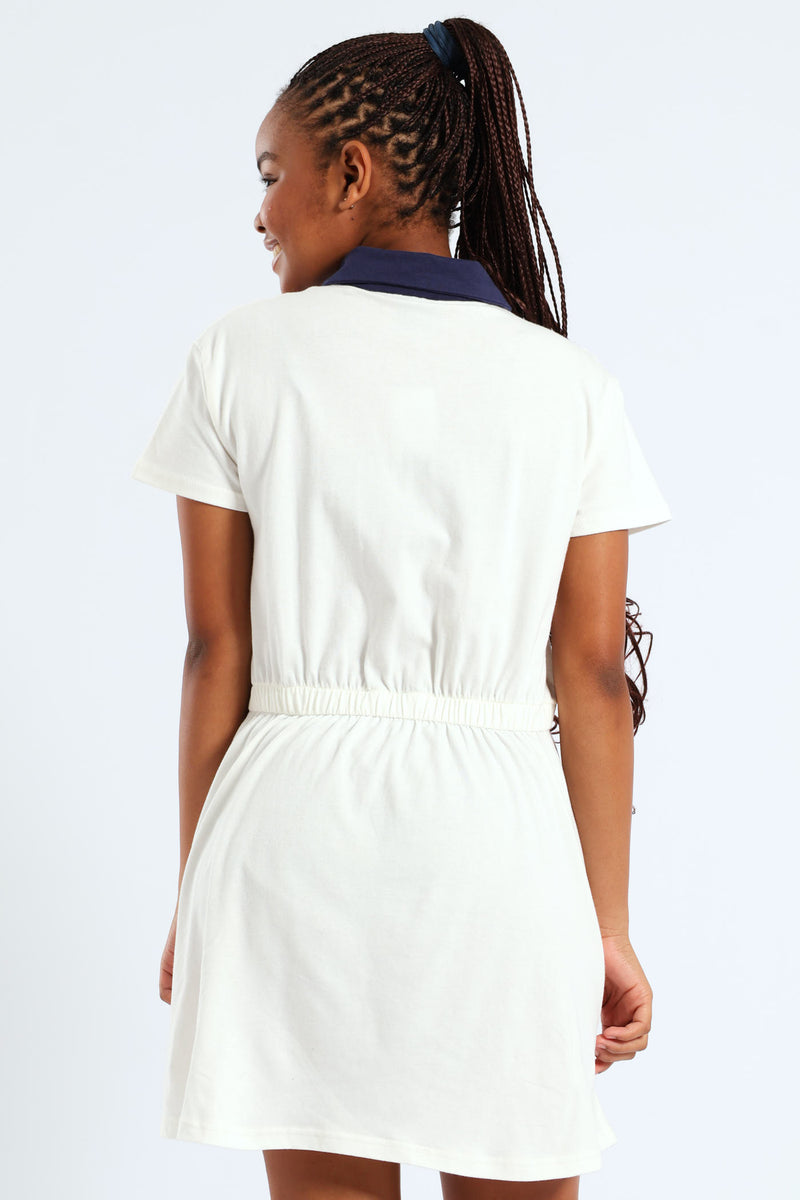 Girls Contrast Collar Combo Dress - Cream