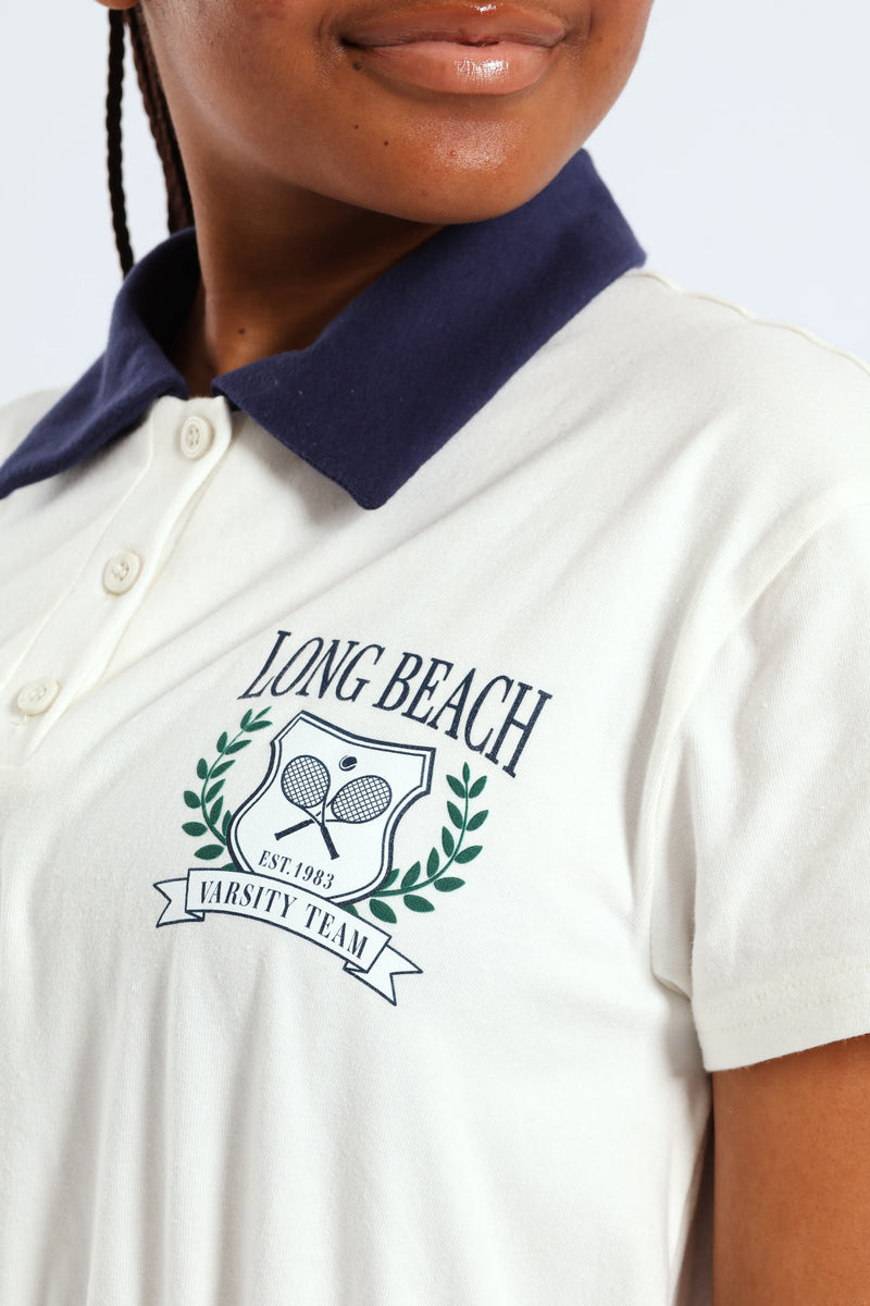 Girls Contrast Collar Combo Dress - Cream