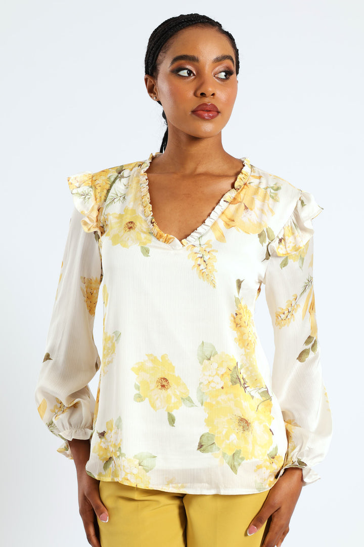 V-Neck Ruffle Blouse - Cream