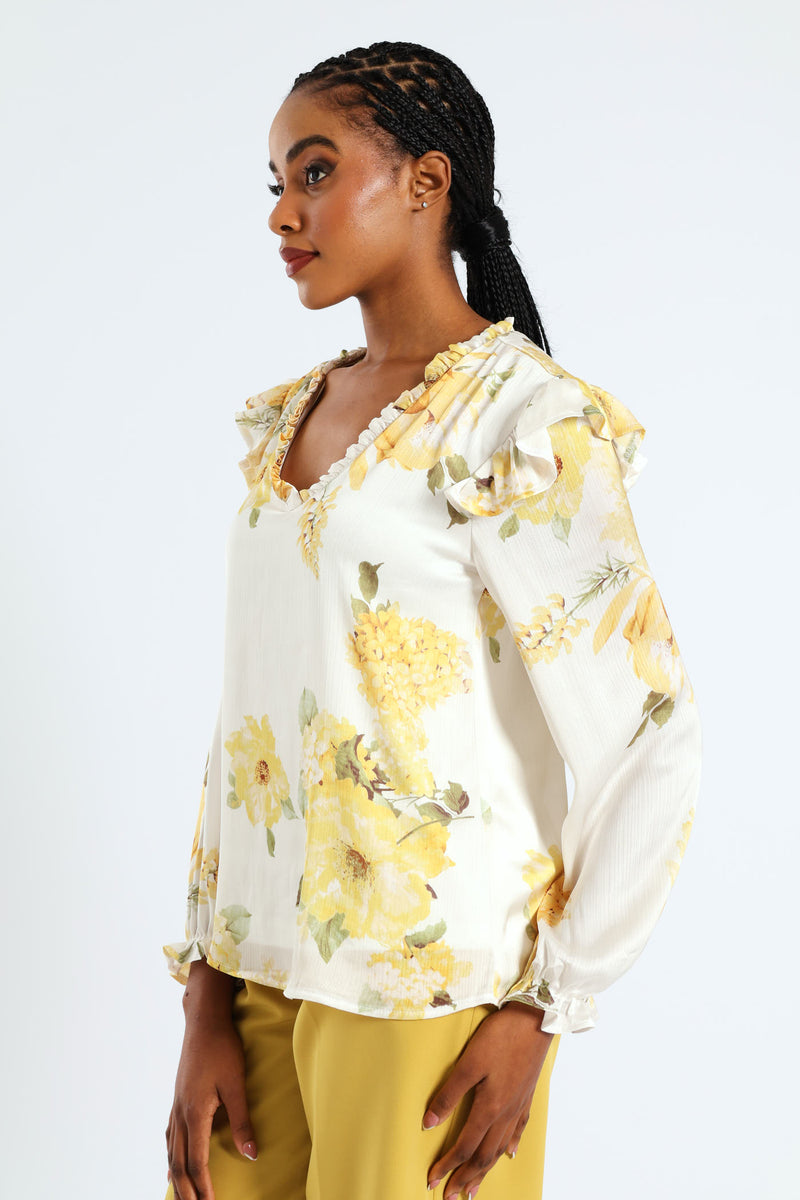 V-Neck Ruffle Blouse - Cream