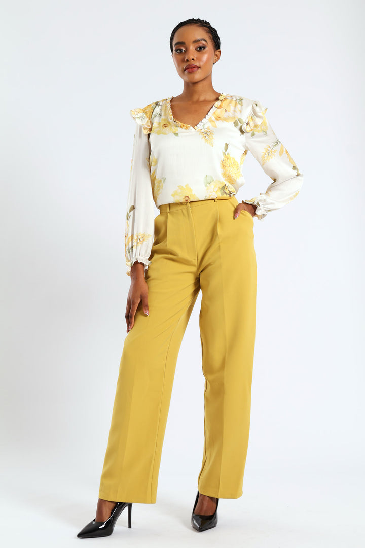 Covered Button Wide Leg Pants - Mustard
