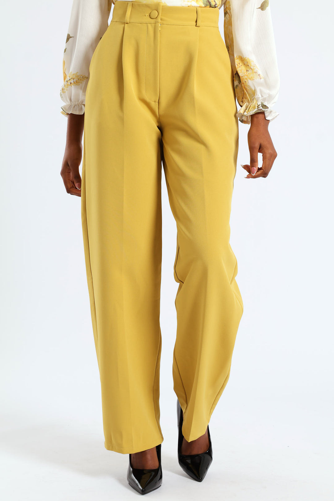 Covered Button Wide Leg Pants - Mustard