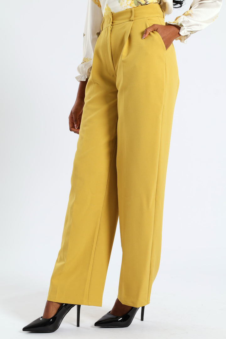 Covered Button Wide Leg Pants - Mustard