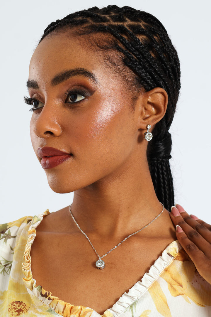 2 Pack Round Diamante Drop & Pendant Necklace - Silver