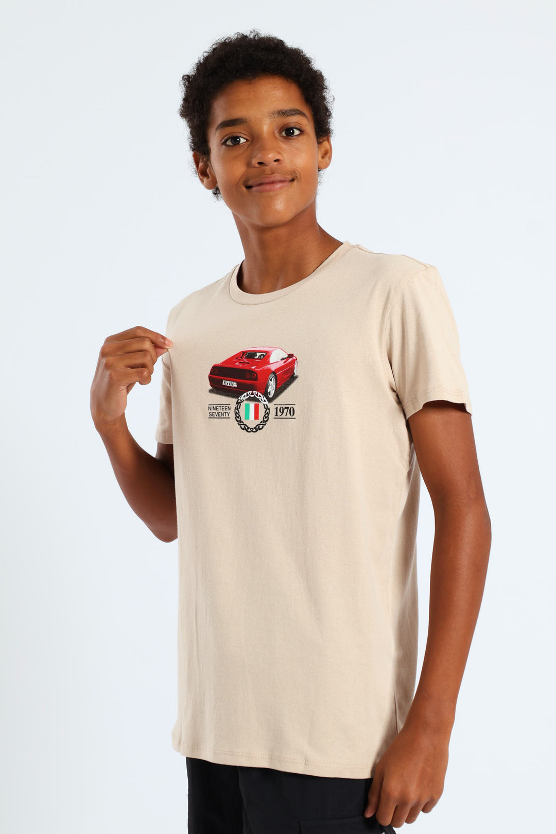 Boys Front & Back Italian Car Print Tee - Stone