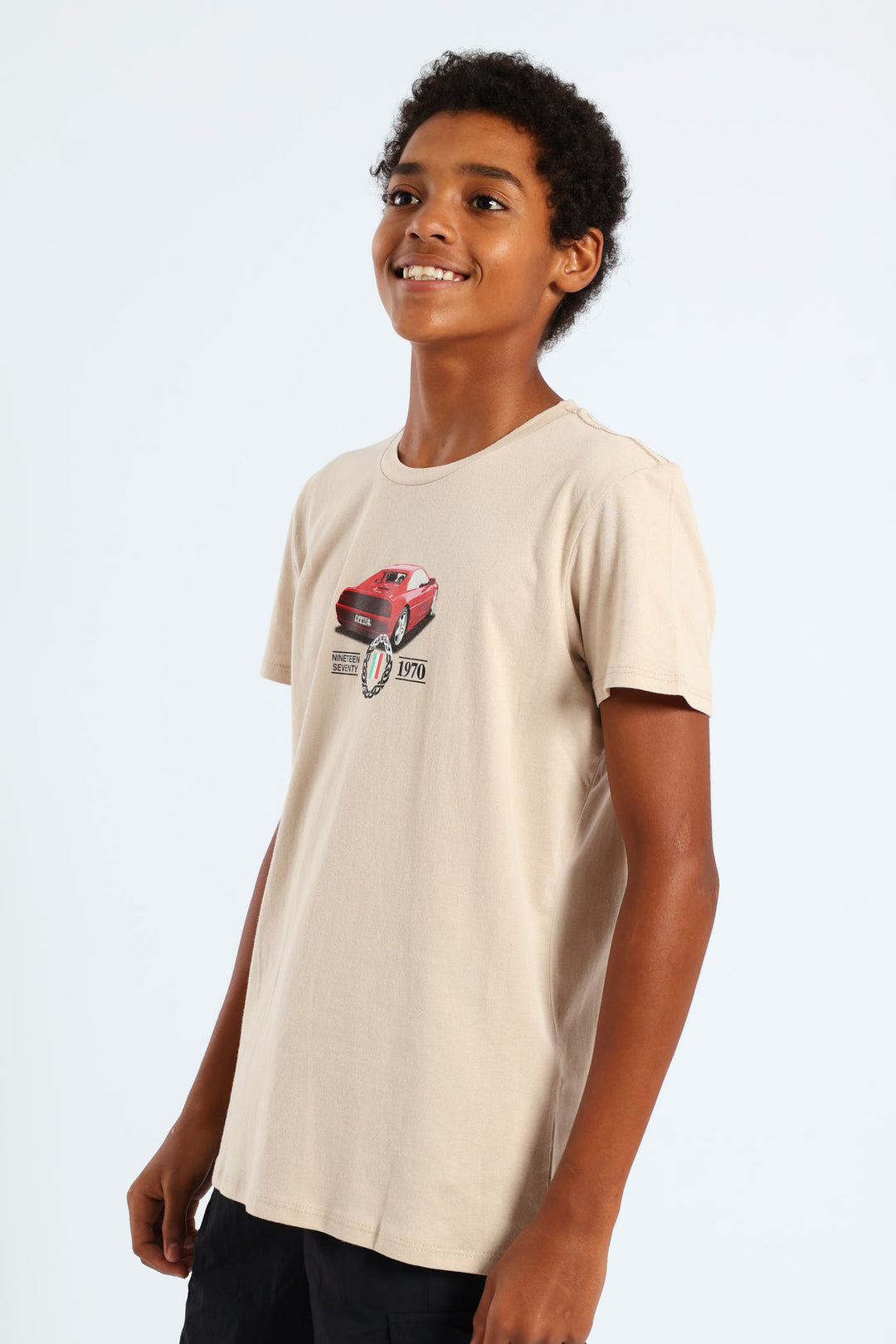 Boys Front & Back Italian Car Print Tee - Stone