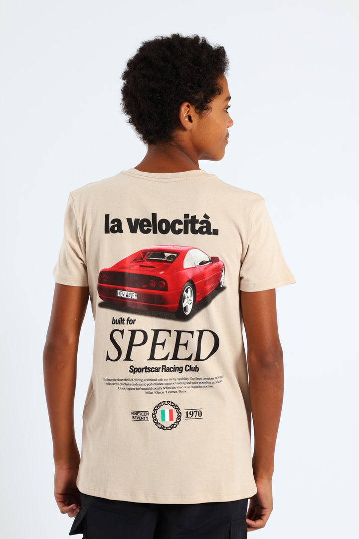 Boys Front & Back Italian Car Print Tee - Stone