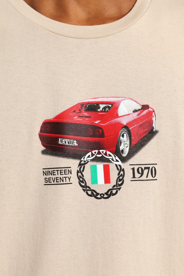 Boys Front & Back Italian Car Print Tee - Stone