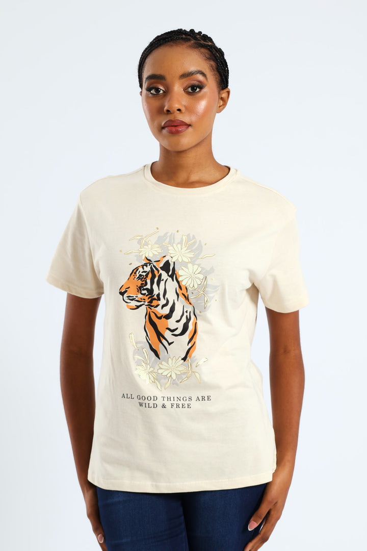 Wild & Free Floral Tiger Foil Tee - Light Stone