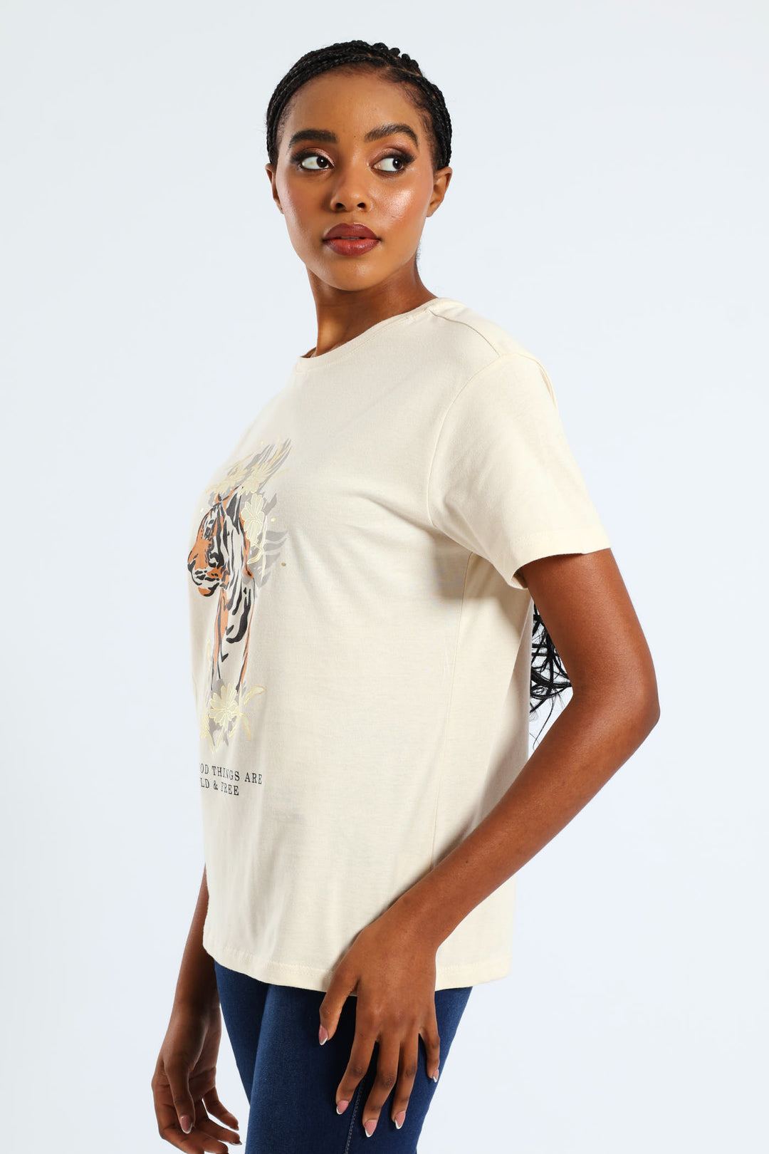 Wild & Free Floral Tiger Foil Tee - Light Stone