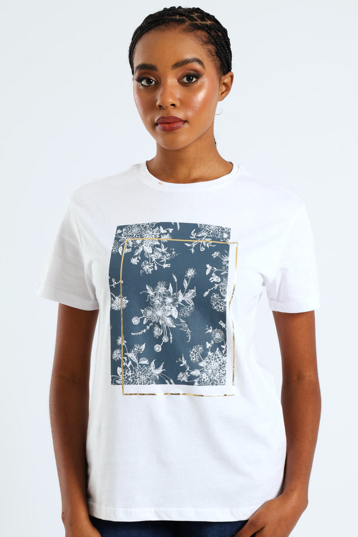 Floral Frame Artwork Foil Tee - White