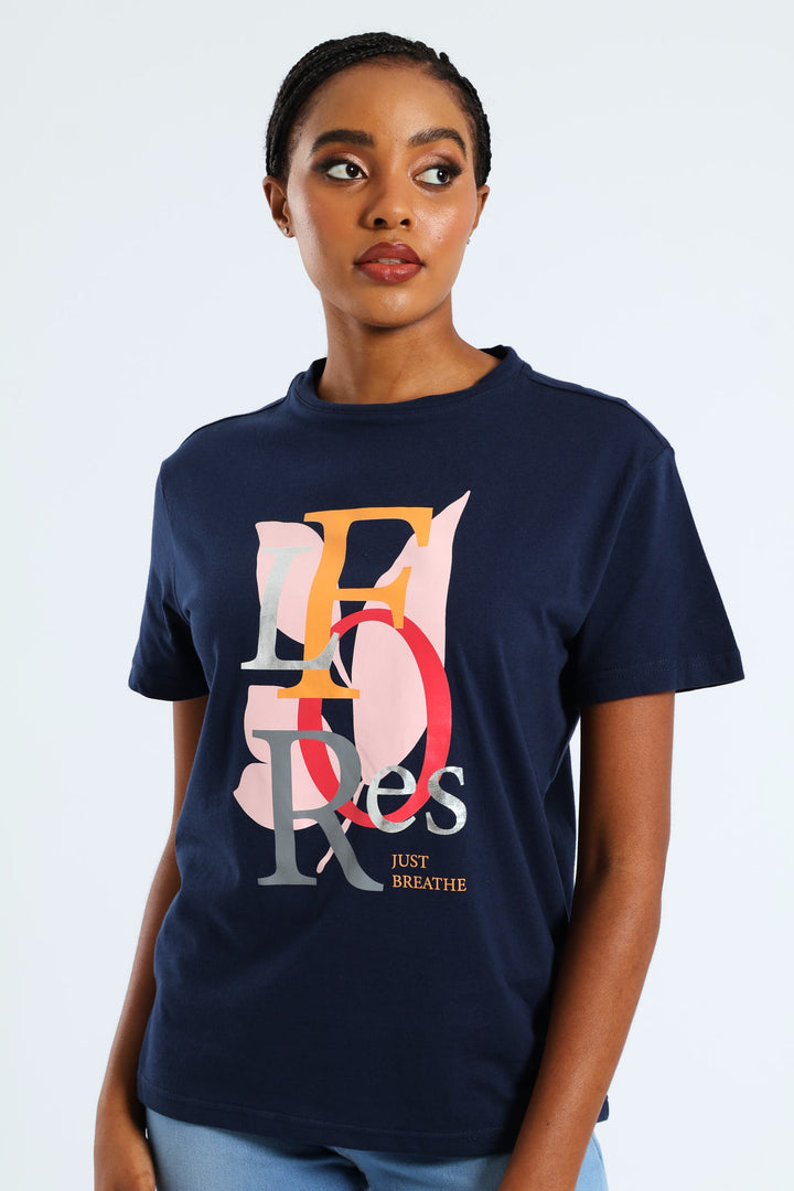 Flores Leaf Foil Tee - Navy