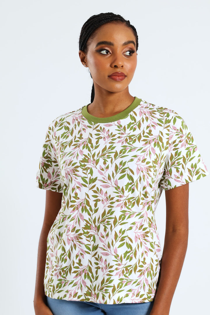 Abstract Tropical Leaf Print Plain Rib Boxy Tee - Chartreuse