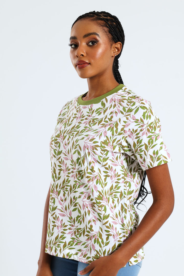 Abstract Tropical Leaf Print Plain Rib Boxy Tee - Chartreuse