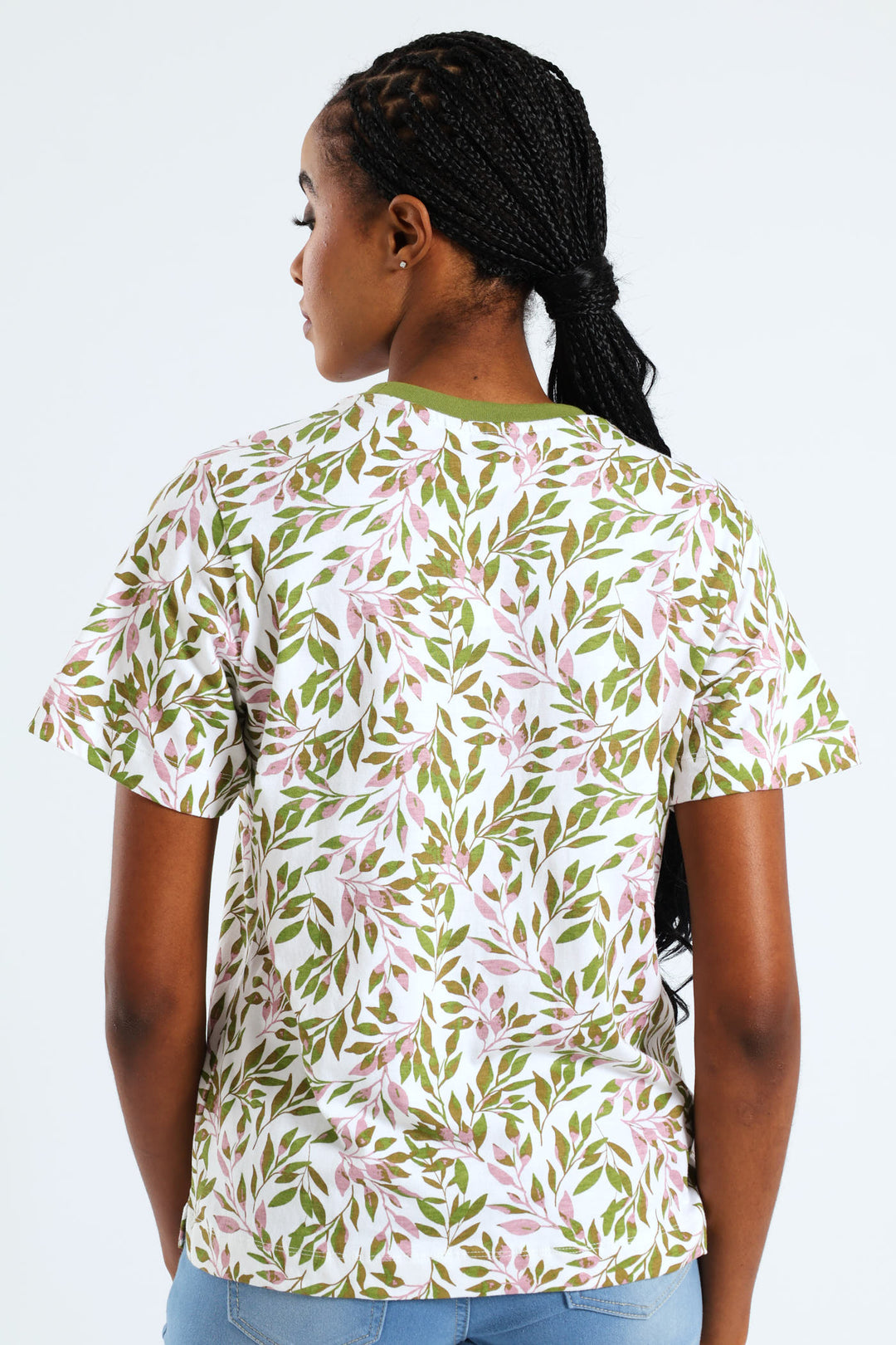 Abstract Tropical Leaf Print Plain Rib Boxy Tee - Chartreuse