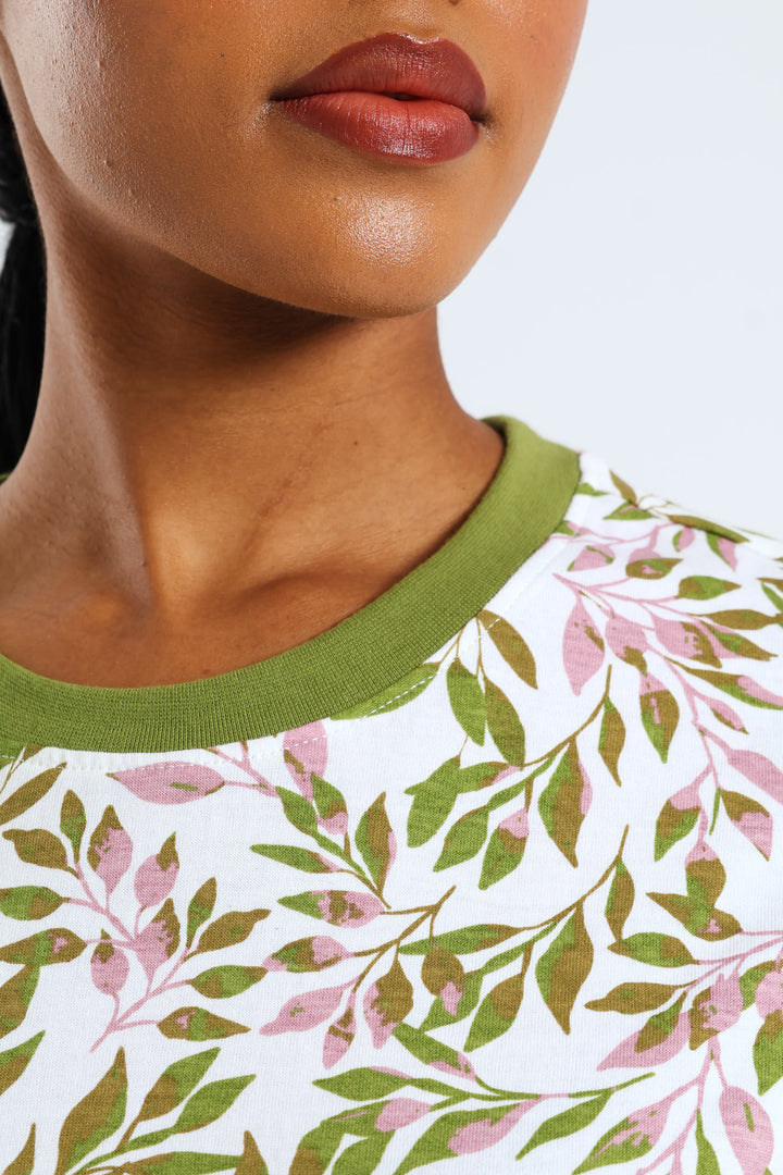 Abstract Tropical Leaf Print Plain Rib Boxy Tee - Chartreuse