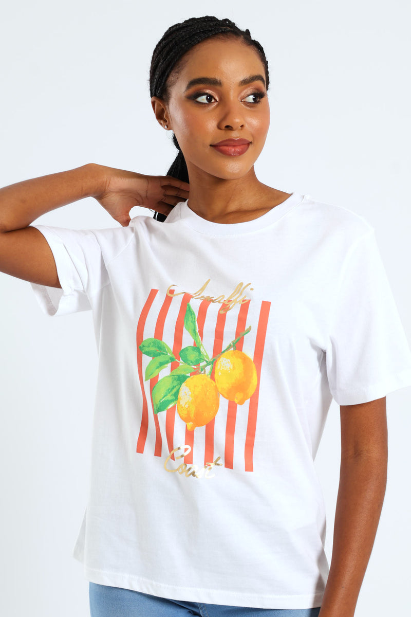 Amalfi Coast Stripe Lemon Boxy Tee - White