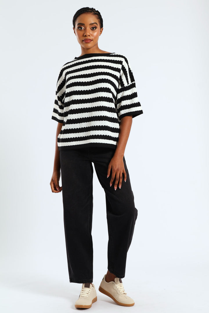 Striped Relaxed Pointelle Tee - Black/Cream
