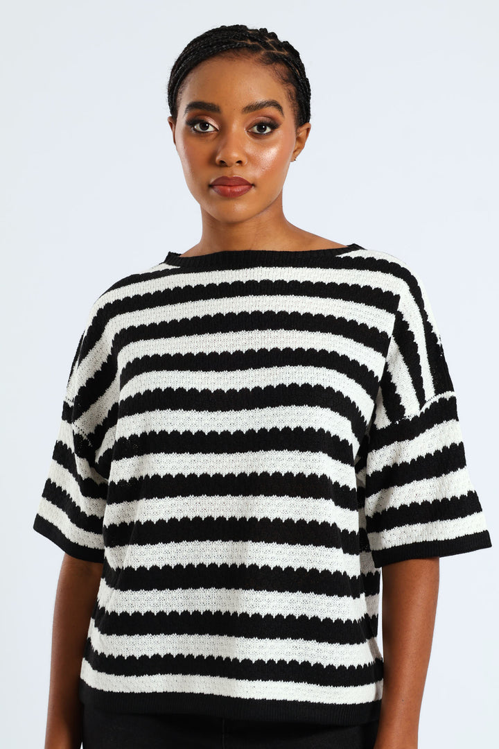 Striped Relaxed Pointelle Tee - Black/Cream