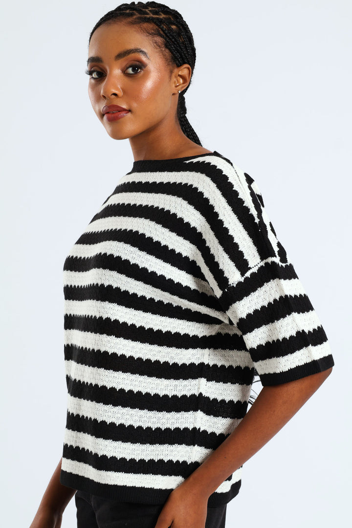 Striped Relaxed Pointelle Tee - Black/Cream