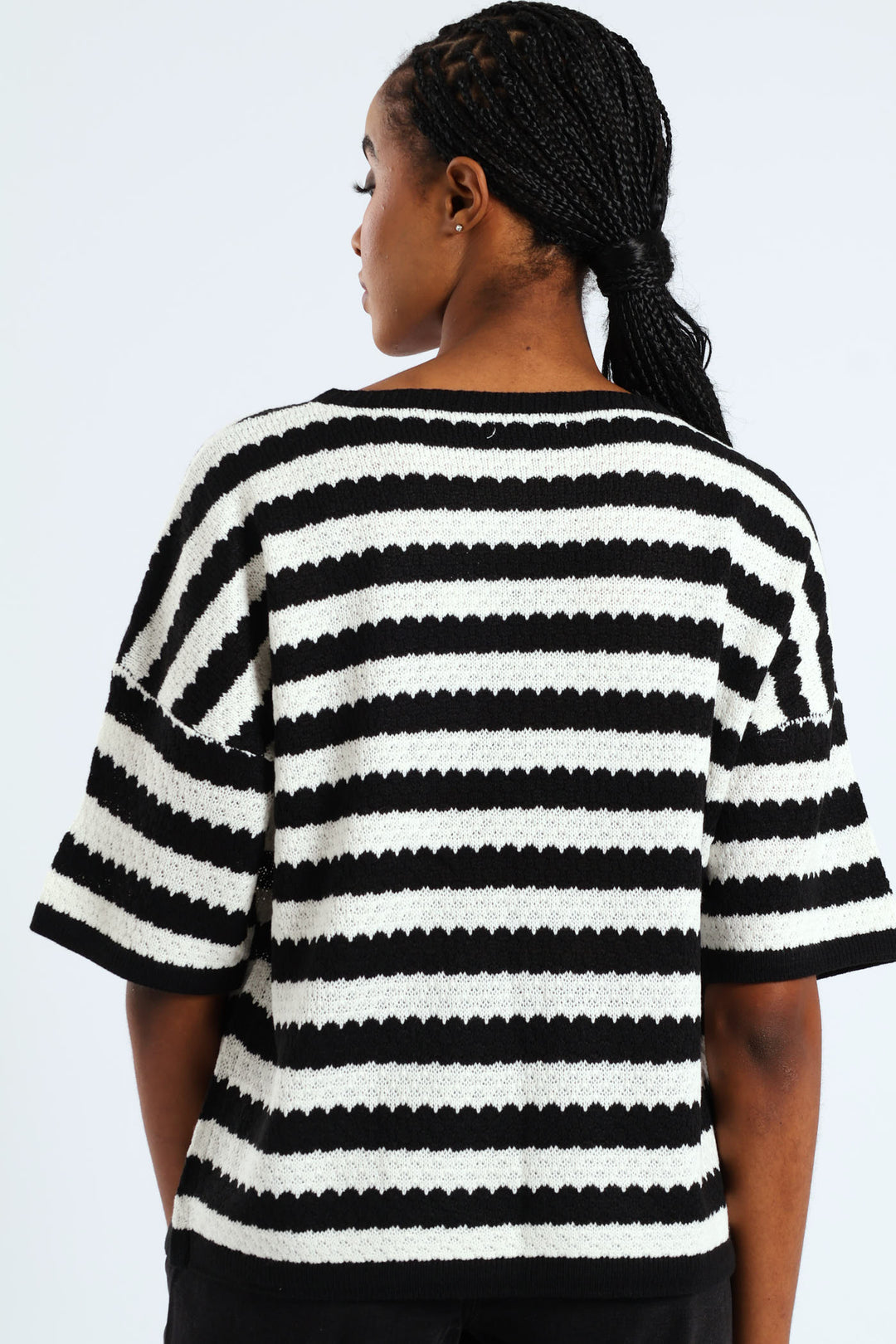 Striped Relaxed Pointelle Tee - Black/Cream