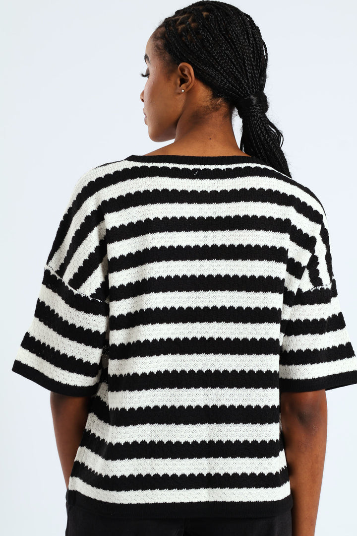 Striped Relaxed Pointelle Tee - Black/Cream