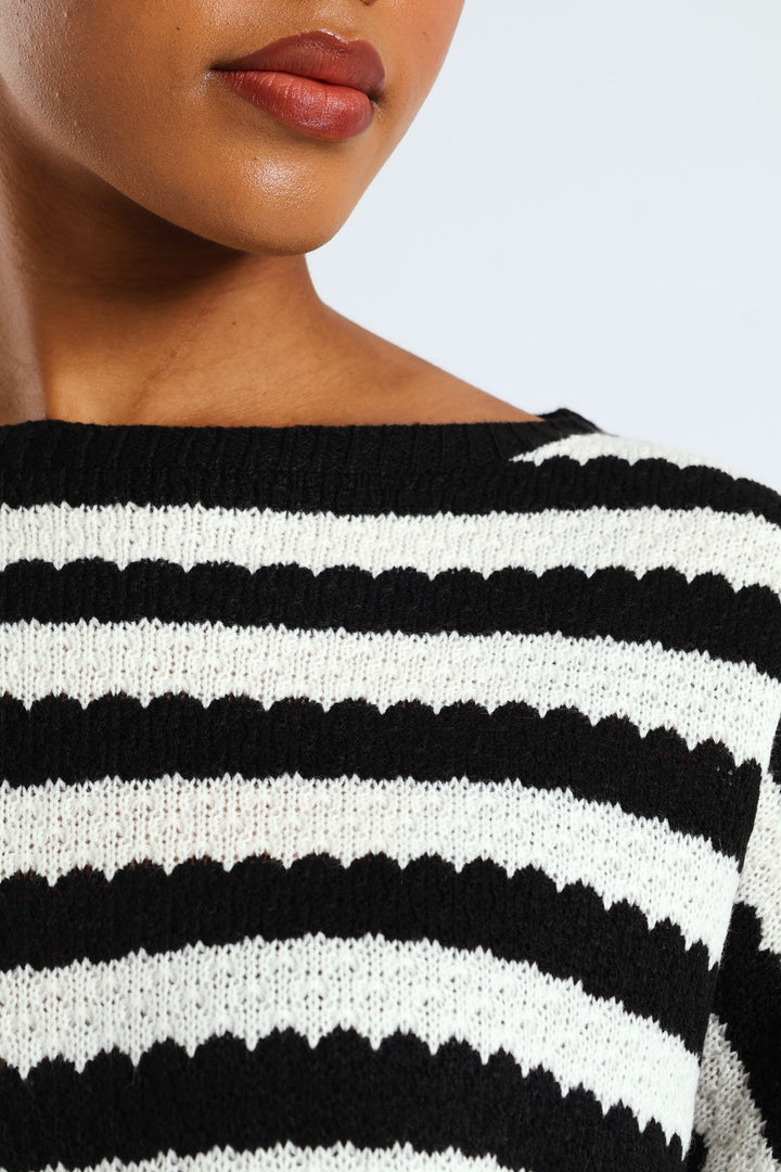 Striped Relaxed Pointelle Tee - Black/Cream