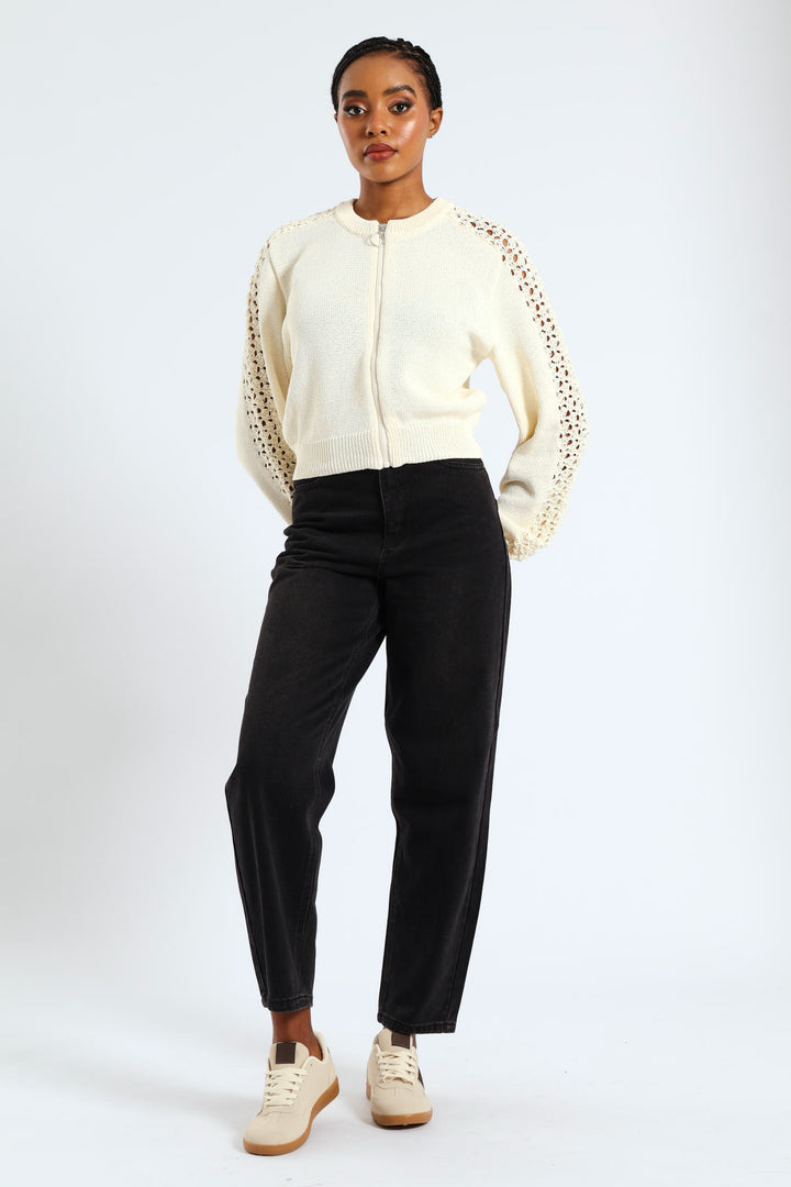 Zip Up Crochet Sleeve Bomber - Cream