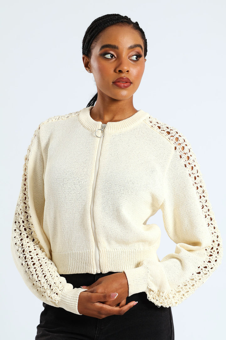 Zip Up Crochet Sleeve Bomber - Cream