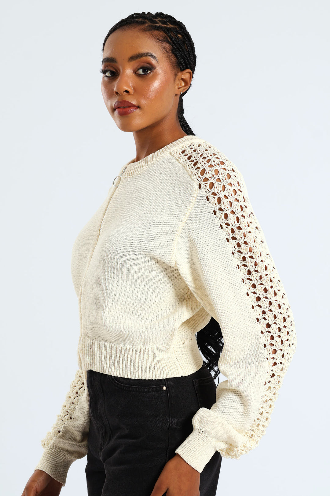 Zip Up Crochet Sleeve Bomber - Cream