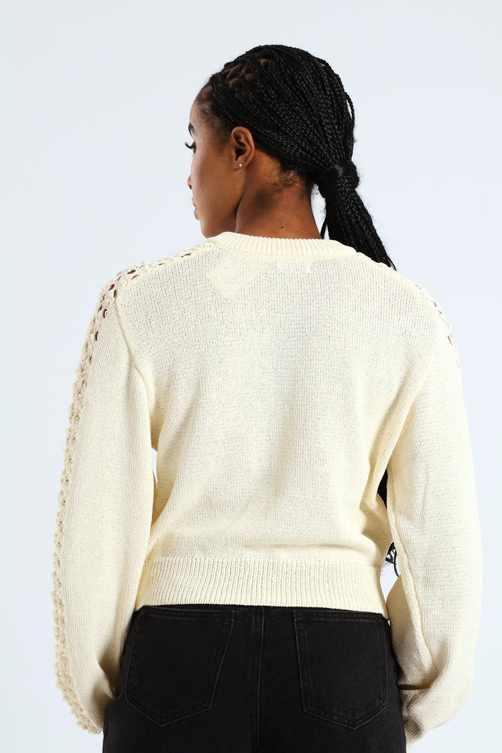 Zip Up Crochet Sleeve Bomber - Cream